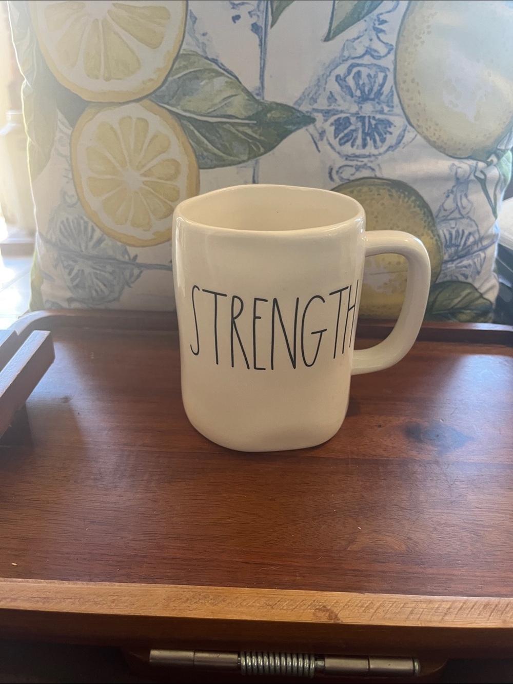 Rae Dunn White Ceramic Mug with 'STRENGTH' Black Lettering